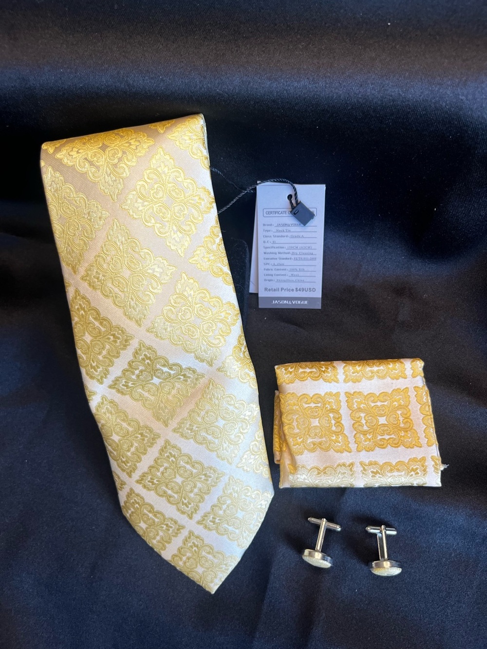 Yellow Gold Damask Tie & Pocket Square Set with Cufflinks